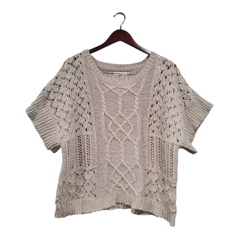 Prana Organic Cotton Patchwork Cable Knit Sweater Short Sleeve Beige Pink Sz L